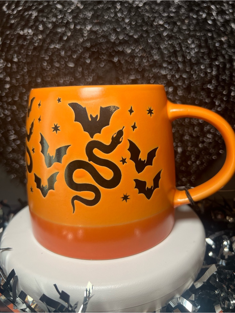 Halloween Orange Stoneware Mug with Black Bats & Snakes Large